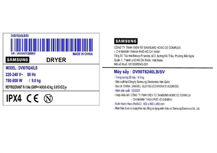Máy sấy bơm nhiệt Samsung 9 kg DV90T6240LB/SV